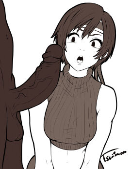 1boy 1girls before_sex big_penis brown_eyes brown_hair clothed crop_top cropped_sweater dark-skinned_male dark_skin female female_focus final_fantasy final_fantasy_vii flat_colors interracial large_penis male midriff monochrome ninja penis penis_awe shocked shocked_expression short_hair surprised tomboy tsuii tsuiimon turtleneck wip yuffie_kisaragi