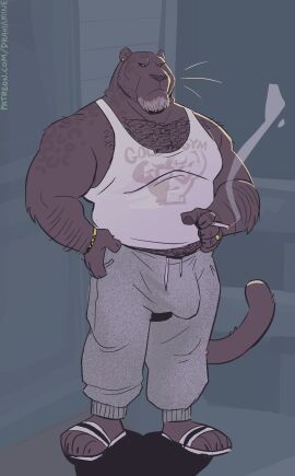 2024 angry anthro arm_hair bald bara belly_hair biceps big_bulge black_hair body_hair bottomwear bracelet bulge chest_hair cigarette cigarette_smoke clothed clothing dramamine drawstring ear_piercing facial_hair feet felid feline footwear forearm_hair forearm_muscles forearms frown goatee grey_hair hair hairy hi_res holding_cigarette holding_object inside jewelry male mammal masculine_male mature_male musclegut muscles muscular pantherine pants pecs piercing ring sandals scowl shirt shoes shoulder_hair simple_background smoke smoking smoking_cigarette solo standing stubble sweatpants tank_top topwear triceps yaoi yellow_sclera