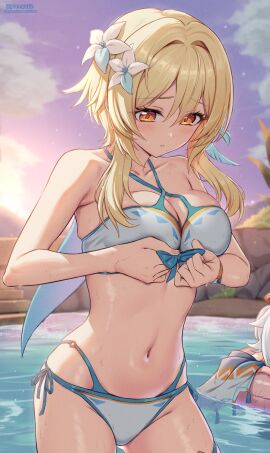1girls 2024 2d 2d_(artwork) alternate_costume bikini bikini_bottom bikini_top blonde_hair blush bra breasts clouds day female female_focus female_only flowers flowers_in_hair front_view genshin_impact hoyoverse light-skinned_female light_skin looking_down lumine_(genshin_impact) lumine_(hot_springs)_(genshin_impact) medium_breasts mihoyo official_alternate_costume outdoors paimon_(genshin_impact) ponnyu12 short_hair sky slim_female solo solo_female solo_focus standing standing_in_water sun swimsuit thong thong_bikini two_piece_swimsuit water wet wet_body white_flowers white_hair yellow_eyes young younger_female