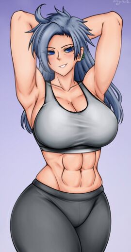 1girls abs big_breasts blue_eyes blue_hair breasts cleavage clothed_female female himemushi_momoyo light-skinned_female light_skin long_hair megamoo mole mole_on_breast mole_under_eye muscular muscular_female pants solo solo_female sports_bra thick_thighs thighs touhou