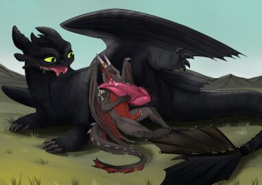 animal_genitalia anthro anthro_on_feral anus black_body bodily_fluids charliemcarthy claws cum cum_in_mouth cum_inside cum_on_body dragon dreamworks duo erection european_mythology feral genital_fluids genitals grass green_eyes hi_res horn how_to_train_your_dragon jewelry larger_feral licking lying male male/male multicolored_body mythological_creature mythological_scalie mythology nahvedzii night_fury on_side one_leg_up oral outside penile penis penis_lick plant precum raised_leg saliva scales scalie sex size_difference smaller_anthro tongue tongue_out toothless two-tone_body western_dragon wings zoophilia