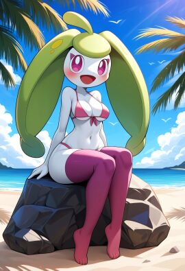adorable ai ai_art ai_generated anthro anthropomorphic beach belly belly_button bikini cute digital_art fanart female furry furry_anthro furry_character furry_female gobabsnow looking_at_viewer medium_breasts pink_bikini pokegal pokegirl pokegirl_as_pokemon pokemon pokemon_(species) pokemon_fanart pokemorph rock sfw sfw_furry_art sfw_version sitting_on_rock steenee