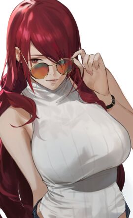 1girls adjusting_eyewear big_breasts breasts closed_mouth female female_focus hair_over_one_eye hand_on_eyewear highres j@ck large_breasts long_hair looking_at_viewer matching_hair/eyes mitsuru_kirijo mitsuru_kirijo_(summer_casual) persona persona_3 red_eyes red_hair sleeveless sleeveless_turtleneck solo sunglasses sweater turtleneck turtleneck_sweater white_background white_sweater