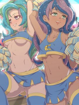 2girls belly belly_button blush breasts brown_skin cheerleader equestria_girls female friendship_is_magic green_eyes human human_princess_celestia human_princess_luna humanized legwear light-skinned_female light_skin long_hair medium_breasts miniskirt multicolored_hair my_little_pony navel nipple_bulge nipples_visible_through_clothing no_bra panties pink_eyes princess_celestia_(mlp) princess_luna_(mlp) rockset skirt skirt_up slim_waist small_breasts smile smiling stockings sweat sweatdrop tan tan_skin thighs underboob upskirt