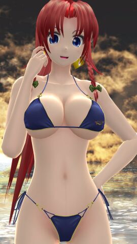 1girls 2023 3d beach belly_button below_view bikini blue_bikini blue_eyes breasts clavicle cleavage clouds earring female green_bowtie hand_on_head hand_on_hip hati_yukkuri_mmd hips hong_meiling light-skinned_female light_skin long-haired_female looking_at_viewer midriff mmd one_arm_up open_mouth outdoors red-haired_female sky solo_female solo_focus sunset swimsuit tied_hair touhou waist water yellow_ribbon youkai