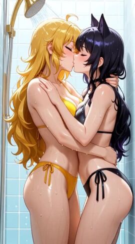 2girls ai_generated black_bikini blake_belladonna breast_press female_only hugging kissing rwby shower showering sound tagme video water wet wet_body wholesome yang_xiao_long yellow_bikini