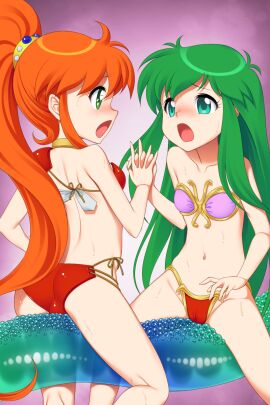 2girls armor ass ayanokouji_rem bare_shoulders between_thighs bikini bikini_armor blush breasts cameltoe caron_(rall) commission commissioner_upload crossover dream_hunter_rem eye_contact face-to-face female frottage fugetsu_taku green_eyes green_hair groin highres holding_hands kneepits long_hair looking_at_another moaning multiple_females multiple_girls navel open_mouth orange_hair pink_bikini ponytail pussy red_bikini sf_choujigen_densetsu_rall skeb_commission small_breasts spread_legs straddling swimsuit tentacle thighs trait_connection very_long_hair