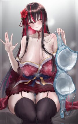 1girls bare_shoulders black_hair blue_bra blush bra bra_removed bra_tag breasts cleavage closed_eyes collarbone commentary_request commission covered_nipples female floral_print floral_print_kimono flower frilled_skirt frills garter_straps hair_between_eyes hair_flower hair_ornament highres holding holding_bra holding_underwear holding_unworn_clothes huge_breasts japanese_clothes kimono long_hair multicolored_hair original presenting_bra print_kimono red_hair red_kimono red_skirt shaddoll_fusion sitting skeb_commission skirt smile solo streaked_hair tag thighs torishu_(kumataka_4867) underwear unworn_bra very_long_hair