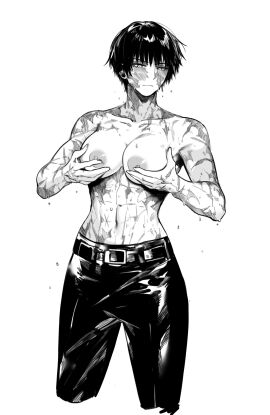 breasts burn_scar female groping groping_breasts groping_own_breast jujutsu_kaisen masoq095 no_bra no_shirt pants scar scar_on_face scars scars_all_over short_hair tagme tomboy toned toned_female zenin_maki