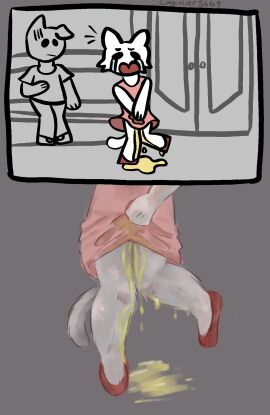 ambiguous_gender anthro bodily_fluids canid canine chibi clothed clothing crying cumguzzler5669 domestic_cat dress duo embarrassed felid feline felis fully_clothed fur furry genital_fluids hi_res humiliation mammal omorashi pee_desperation pee_on_floor peeing public public_transportation puddle solo_focus tears train urine urine_drip vehicle watersports wetting white_body white_fur