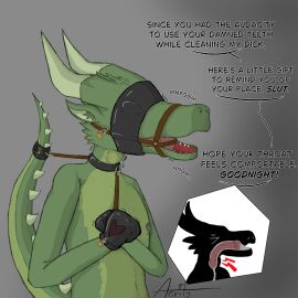 1:1 aerily ambiguous_gender anthro blindfold bondage bondage_gear bondage_gloves bound clamp clothing cock_gag collar cuff_(restraint) dialogue dildo dildo_in_mouth dildo_in_throat dragon english_text gag green_body green_scales green_skin hands_tied handwear hi_res horn humanoid latex latex_blindfold latex_clothing latex_handwear lock male mythological_creature mythological_scalie mythology neck_bulge nipple_clamp offscreen_character oral oral_penetration penetration penis questionable_consent restraints scales scalie sex_toy sex_toy_in_mouth sex_toy_insertion shaking simple_background solo spiked_tail spikes spikes_(anatomy) submissive submissive_anthro submissive_male tail tail_cuff teeth text tremble_spikes trembling x-ray_view