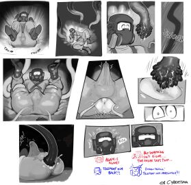 alien_genitalia anal anal_sex comic cybertuna employee_(lethal_company) english_text erection forest_keeper_(lethal_company) gay gay_sex genital_fluids genitals hazmat_suit headgear helmet helmet_covering_face lethal_company male male_only monster ripped_clothing size_difference speech_bubble tentacle yaoi