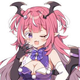 :3 :3d bangs bat_wings bell black_gloves blush bow bowtie breasts camila_(vtuber) cleavage cleavage_cutout demon demon_girl demon_wings dress elbow_gloves female gloves hair_ornament head_wings indie_virtual_youtuber long_hair looking_at_viewer marking_below_eyes medium_breasts multicolored_hair oerba_yun_fang one_eye_closed open_mouth pink_hair pointy_ears purple_eyes simple_background smile solo streaked_hair succubus two_side_up upper_body virtual_youtuber white_background white_hair wings