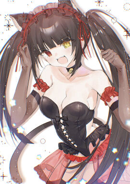 2d 2d_(artwork) black_hair breasts cat_ears cat_tail date_a_live female heterochromia light-skinned_female light_skin lingerie long_hair red_eyes solo solo_female thighs tokisaki_kurumi twintails yuuki_01