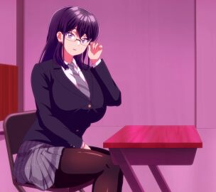 1girls black_hair breasts clothing glasses guilty_hole_oshiego_shika_shimei_dekinai_mise large_breasts looking_at_viewer purple_eyes school_uniform screencap skirt thick_thighs thighhighs thighs