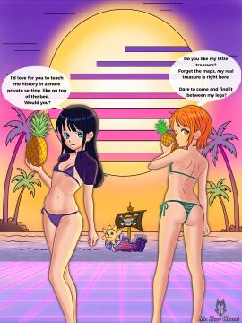 beach bikini black_hair female mr.kurokami mr_kurookami nami_(one_piece) nico_robin one_piece orange_hair small_ass small_breasts small_tits sunset teenage_girl vaporwave younger_female