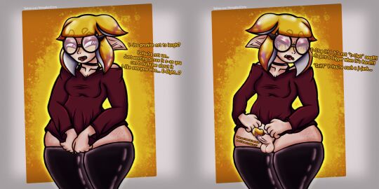 balls big_glasses blush bottomless breasts bullying choker crying crying_male dialogue english_text erect_penis erection fangs freckled_face freckled_legs freckled_skin freckled_thighs freckles freckles_on_arms freckles_on_face fu5anari glasses glasses_on_face glistening_clothing gradient_hair humanoid_pointy_ears humiliation iris_(mistyy) latex latex_thighhighs lifting_clothing lifting_shirt lipstick makeup makeup_running male mascara mascara_tears mistyy_dark_story_(artist) oerba_yun_fang penis pink_eyes pointy_ears pov pov_bullying precum precum_drip precum_on_penis pseudo_hair red_eyeshadow red_lipstick round_glasses running_makeup shiny_clothes shiny_thighhighs shirt_lift shy small_balls small_breasts solo