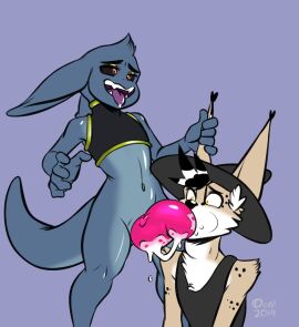 anthro black_hair black_markings black_sclera blue_body blue_skin bottomless bottomless_anthro bottomless_male clothed clothing duo ear_piercing ear_ring ears_down erection fangs felid feline fellatio fsngs fur genitals hair hat headgear headwear hi_res imp looking_pleasured male male/male mammal markings open_mouth open_smile oral oral_penetration penetration penile penis piercing pivoted_ears purple_background raddenart riley_(raddenart) ring_piercing serval sex shirt simple_background smile tan_body tan_fur tank_top teeth tongue tongue_out topwear white_body white_fur wide_eyed witch_hat