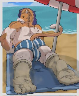 anthro backsack balls ballsack beach black_body black_fur black_hair blue_bottomwear blue_clothing bodily_fluids bottomwear bragotiger calico_cat calico_pattern clothing cute_fangs dipstick_tail dirty_socks domestic_cat epic_games feet felid feline felis foot_fetish foot_focus footwear fortnite fur genitals hair hi_res long_hair looking_at_viewer lying male male_only mammal markings meowscles meowscles_(fortnite) multicolored_body multicolored_fur multicolored_hair muscular muscular_male musk musk_clouds on_front orange_body orange_fur orange_hair outside pattern_clothing purradise_meowscles sand simple_eyes socks solo striped_clothing stripes sweat swimming_trunks swimwear tail tail_markings toe_outline umbrella water white_body white_fur