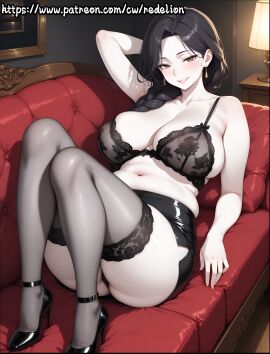 1girls aged_up ai_generated ass aunt belly belly_button belly_rolls black_hair black_heels black_legwear black_lingerie black_panties black_skirt blush blushing_at_viewer braid braided_hair breasts brown_hair child_bearing_hips chubby chubby_female clothing couch curvaceous_ass curvaceous_female curvaceous_figure curvaceous_thighs curvy curvy_body curvy_figure curvy_hips deep_navel earrings elegant elegant_female elegant_room eyelashes female female_focus female_only fishnet_legwear fishnets glistening glistening_body glistening_skin grin hands_behind_head heels high_heels indoors lamp large_areolae large_breasts legs_together lingerie lips long_hair looking_at_viewer lying lying_on_back milf mother motherly motherly_figure navel night older_female pale-skinned_female pale_skin panties partially_clothed redelion seductive seductive_body seductive_eyes seductive_female seductive_gaze seductive_look seductive_pose seductive_smile shadow skirt smiling smiling_at_viewer sofa soft_belly soft_breasts solo straps thick thick_ass thick_butt thick_hips thick_legs thick_thighs thighhighs very_long_hair voluptuous voluptuous_body voluptuous_female voluptuous_milf wide_hips