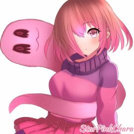 akumu_(glitchtale) bete_noire betty_noire brown_hair clothes female glitchtale kumu not_porn pink_eyes pink_hair sfw short_hair skirt smiling star_pink_chara_(artist) undertale undertale_(series) wearing_clothes white_background
