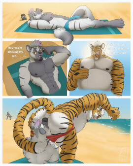 abs anal anal_vore anthro anus arctic_hyena ass asyr beach belly bent_over big_belly brent_(lusolosu) bulge clothing comic duo felid fur grey_body grey_fur hair hi_res hyena male male/male male_only mammal masterokami muscular nipples pantherine puffy_anus sand speedo stripes sunbathing swimwear text tiger vore white_hair yellow_body yellow_fur