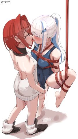 2girls absurdres ange_katrina backless_outfit bare_arms bare_shoulders barefoot black_footwear blue_hair blue_one-piece_swimsuit blush bondage bound bound_leg breasts closed_eyes commentary_request dildo female hair_intakes hair_ornament highres large_breasts lize_helesta long_hair multicolored_hair multiple_females multiple_girls nijisanji object_insertion one-piece_swimsuit ponytail prixy pussy pussy_juice pussy_juice_on_fingers pussy_juice_puddle red_hair restrained rope_marks school_swimsuit sex_toy standing standing_on_one_leg streaked_hair sweater swimsuit tongue tongue_out twitter_username vaginal_object_insertion vaginal_penetration virtual_youtuber white_hair white_sweater yuri