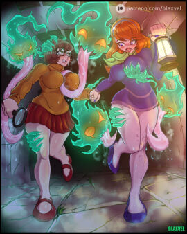 2girls blaxvel breasts daphne_blake female ghost glasses green_eyes groping hanna-barbera large_breasts long_tongue monster red_lipstick scooby-doo velma_dinkley