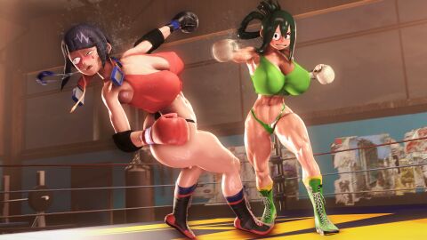 2girls 3d 3d_(artwork) abs alternate_breast_size alternate_version_available ass big_ass big_breasts big_butt boxing boxing_gloves boxing_ring breasts catfight female female_only fight fighting fighting_ring gloves green_hair griffanz gym huge_breasts jirou_kyouka kyoka_jiro large_ass large_breasts large_butt long_hair mouthpiece multiple_females multiple_girls muscular muscular_female my_hero_academia punch punching punching_face purple_hair red_boxing_gloves red_gloves ryona short_hair tsuyu_asui vs white_boxing_gloves white_gloves wide_hips