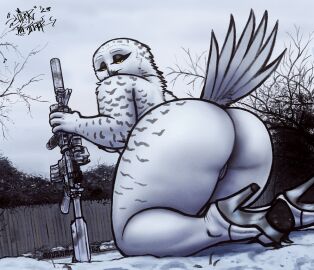 2024 anthro ass avian beak big_ass big_butt bird breasts clothing feathers female footwear genitals gun high_heels kneeling looking_back narrowed_eyes nipples non-mammal_breasts non-mammal_nipples nude outside owl pussy ranged_weapon signature sligarthetiger snow solo thick_thighs weapon white_body white_feathers