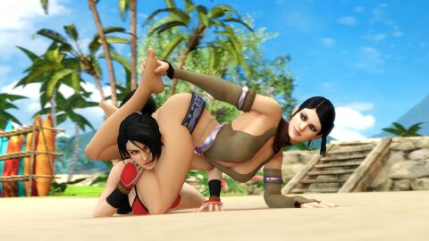 3d beach catfight competitive crossover dead_or_alive female female/female female_only momiji_(ninja_gaiden) ryona sexfight submission tekken thick_thighs thigh_grab triangle_choke wrestling zafina_(tekken)