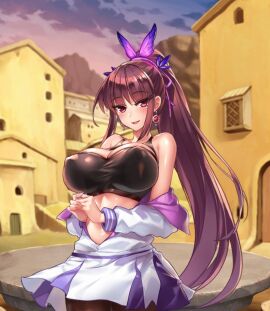 boobs breasts female huge_breasts jacket long_hair looking_at_viewer nutaku pov project_qt screenshot tight_clothing venus_(project_qt)