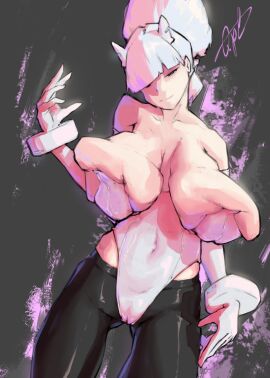 1girls 2d 2d_(artwork) 2d_artwork big_breasts big_thighs black_background black_legwear bodysuit breast_squeeze breasts breasts_bigger_than_head bunnysuit clothed clothed_female clothes clothing color colored dark_background female female_only horns huge_breasts long_gloves looking_at_viewer naked qpl shaded simple_background solo solo_female stylized thick_thighs thighs white_gloves white_hair white_skin