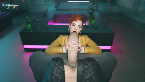 3d aurore_cassel big_penis blowjob both_hands_on_cock clothed cyberpunk_2077 female futa_on_female futanari looking_at_viewer muscular_futa penis_out pov size_difference valerie_(cyberpunk_2077) veiny_penis yeetiques