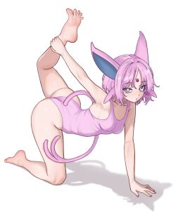 animal_ears barefoot espeon feet female gen_2_pokemon highres humanization leotard looking_at_viewer medium_hair nihu nintendo pokemon purple_eyes purple_hair soles tail toes