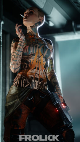 1girls 3d bald bald_female bioware breasts cigarette female frolick jack_(mass_effect) mass_effect nipples shaved_head small_breasts smoking solo tattoo very_short_hair