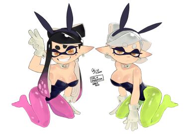 beauty_mark big_breasts breasts bunny_ears bunny_girl bunnysuit callie_(splatoon) cleavage feet feet_in_stockings female hi_res looking_at_viewer marie_(splatoon) official_alternate_hairstyle on_knees orlycuster pantyhose peace_sign smile splatoon splatoon_3 squid_sisters tentacle_hair