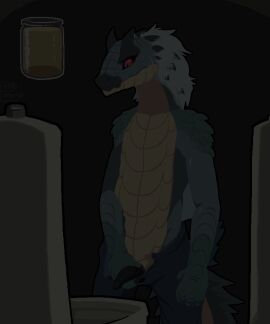 animal_genitalia animated anthro bathroom bodily_fluids bottomwear breath capcom clothed clothing dragon fanged_wyvern flaccid genital_fluids genitals grey_body hair hopful_anomenoe male male_only monster_hunter open_bottomwear open_clothing open_pants panting pants peeing peeing_in_urinal penis public public_restroom relieved scalie shaking_penis sheath sigh skinny_jeans solo solo_male tobi-kadachi toilet urinal urinal_use urine urine_stream white_hair