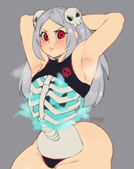 bloody_marie blue_fire blush blushing bones grey_hair long_hair ornament partially_clothed pigtails red_eyes ribs simple_background skeleton skullgirl_(creature) skullgirls steam steaming_body taigerarts white_hair