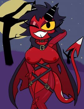 alternate_costume black_hair breasts demon demon_girl demon_horns demon_tail helluva_boss millie_(helluva_boss) open_clothes tcross