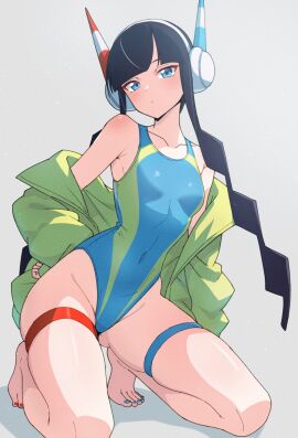 1girls barefoot black_hair blue_eyes blue_nails blue_one-piece_swimsuit breasts closed_mouth collarbone elesa_(pokemon) female full_body groin hand_on_own_hip headphones highleg highleg_one-piece_swimsuit highres jacket kamidan nail_polish off_shoulder one-piece_swimsuit pokemon pokemon_bw2 red_nails skindentation small_breasts solo swimsuit thigh_strap thighs tiptoes toenail_polish toenails yellow_jacket
