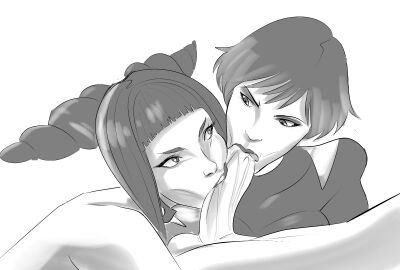 2d 2d_(artwork) 2girls blowjob collaborative_fellatio crossover fellatio juri_han oral penis reina_mishima street_fighter tekken thesquiddycipher threesone
