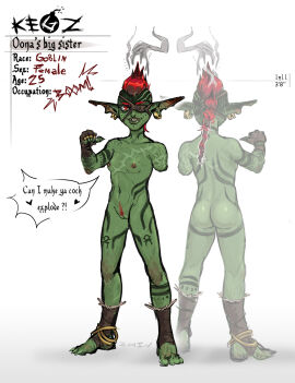 anklet ass back_view body_scars bodypaint bomb braided_ponytail breasts bulge burn_scar burning_hairs character_sheet ear_piercing earrings explosives eye_patch facepaint fake_breasts female female_only flat_chest freckles freckles_on_shoulders front_view goblin goblin_female golden_tooth green_body green_skin happy_trail highres kegz_(zhiv) landing_strip leather_clothing missing_arm missing_eye missing_tooth mole_on_breast naked naked_female navel nude_variant original petite pointing_at_self pointy_ears red_eyes red_hair red_pubic_hair ring scar slim_female small_areola smaller_female smile smiling_at_viewer smoke solo solo_female speech_bubble text tomboy zhiv