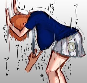 bent_over blush female japanese_text kanbarrn male nami_(one_piece) nipple_stimulation one_piece skirt tagme tie translation_request trembling water_7