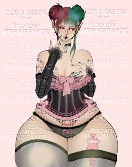 artist_logo artist_name big_areola breasts corset curvy different_eye_color female huge_breasts oc piercing piercings pubic_tattoo tattoo thick_thighs thigh_gap thighhighs thighs voluptuous yvee_(yanthemoonchild)