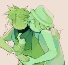 2boys beta_(randomly_generated_droids) cum cumshot enjoying gardener_(randomly_generated_droids) gay green_body green_skin hat hi_res male masturbation randomly_generated_droids roblox roblox_game scarf self_upload sijik smile white_background worried_face