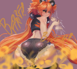 ass ass_focus black_jean_shorts blush booty_shorts butt embarrassed eyepatch fanning fanning_self fart fart_cloud fart_fetish farting female jean_shorts koleda_belobog looking_at_viewer looking_back looking_over_shoulder melonarts2_(artist) nervous nice_ass pov red_hair sitting tomboy zenless_zone_zero