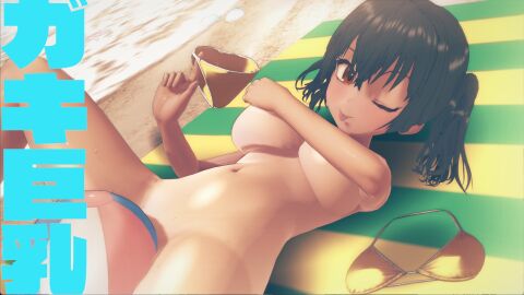1girls 3d ball_(object) beach beachball big_breasts bikini black_hair breasts busty convenient_censoring covering_breasts covering_privates female female_only gaki_kyonyuu highres index_finger_raised kanna_sasaki_(kaedeko) large_breasts legs looking_at_viewer lying medium_hair naughty_face navel nude ocean one_eye_closed original original_character pose posing red_eyes sensual sexy sexy_pose smile solo sweat swimsuit tan tanline teasing thighs toned tongue tongue_out twintails unworn_bikini voluptuous water yellow_bikini