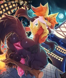 anthro anus ass balls biped black_body blep detailed_background fur generation_9_pokemon genitals hi_res looking_at_viewer looking_back male mega_delphox mega_evolution multicolored_body nintendo nude outside penis pokemon pokemon_(species) pupils smile solo spread_butt spreading tongue tongue_out wizzikt