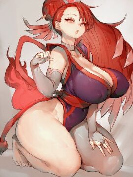 1girls 2024 big_breasts breasts female female_only fumio_(rsqkr) hair_bun hi_res japanese_clothes kneeling long_hair looking_at_viewer narrowed_eyes precure pretty_cure red_eyes red_hair solo thick_thighs wonderful_precure! zakuro_(wonderful_precure!)